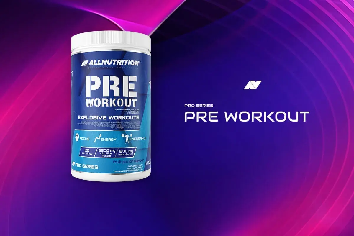 Pojemnik ALLNUTRITION PRE WORKOUT, jedna z najmocniejszych przedtreningówek, z hasłem "Explosive Workouts" i smakiem fruit punch.