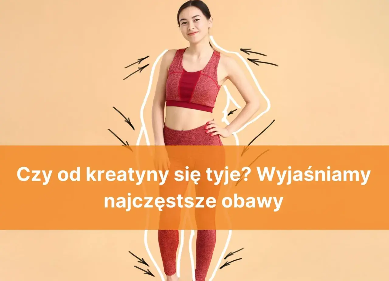 Kobieta w stroju sportowym, z obrysem sylwetki i strzałkami. Czy po kreatynie się tyje? Wyjaśniamy najczęstsze obawy.