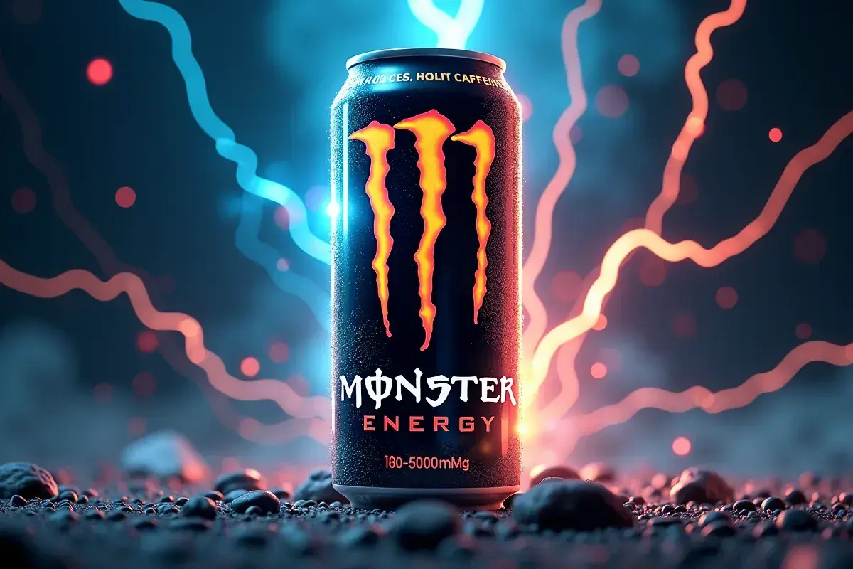Puszka Monster Energy z płomieniami, sugerująca dużą dawkę kofeiny.