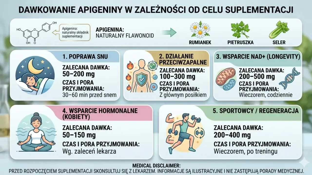 Apigenina właściwości: poprawa snu, działanie przeciwzapalne, wsparcie NAD+, hormonalne i regeneracja. Dawkowanie zależy od celu.