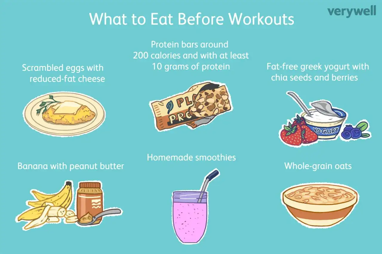 Zdrowe węglowodany przed treningiem: jajecznica, banan z masłem orzechowym, smoothie, jogurt, płatki owsiane i baton proteinowy.