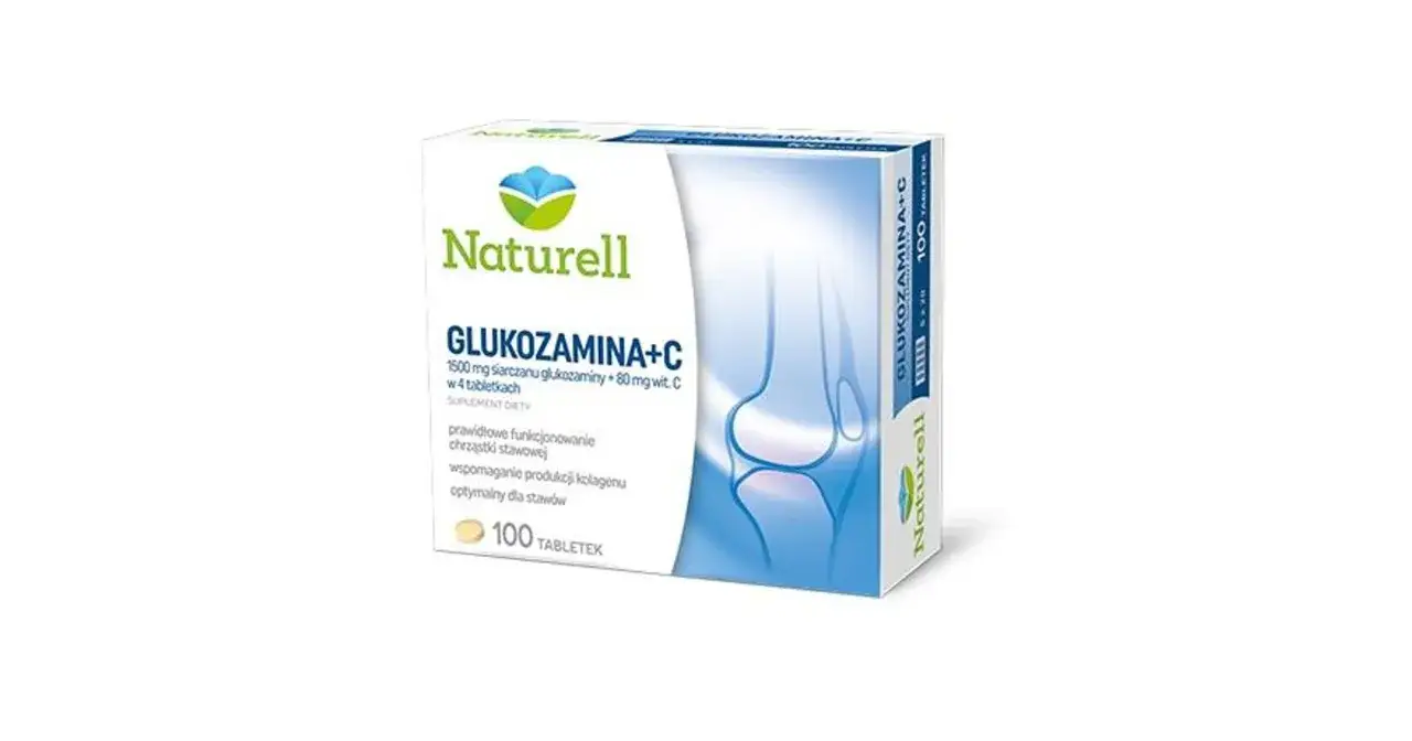 Opakowanie suplementu diety Naturell Glukozamina+C. Przed użyciem zapoznaj się z ulotką, by poznać glukozamina przeciwwskazania.