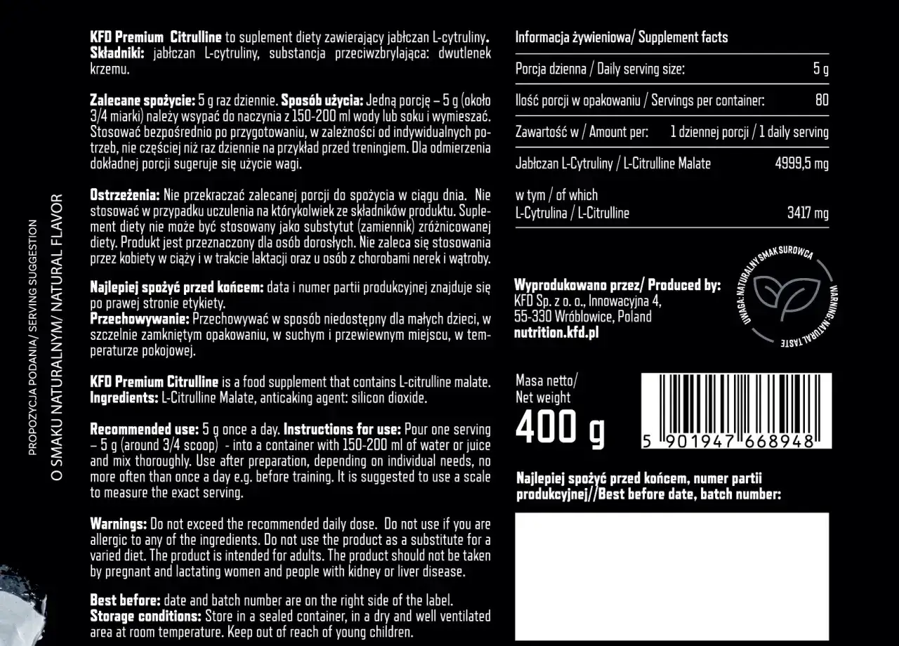 Suplement diety KFD Premium Citrulline, 400g. Jabłczan L-cytruliny dla wsparcia organizmu, także w dni nietreningowe.