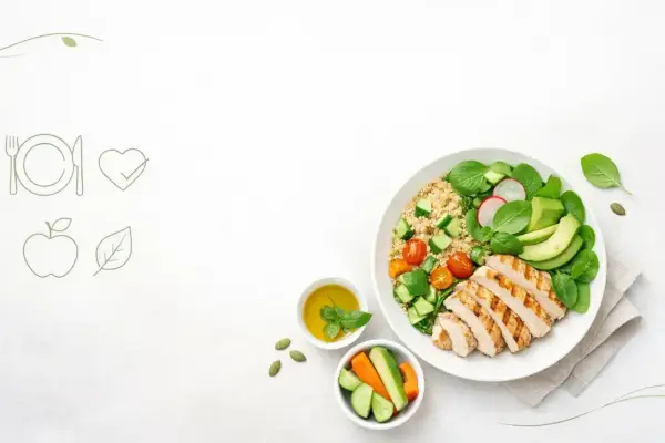 Pełnowartościowy posiłek: grillowany kurczak z komosą ryżową, awokado, pomidorkami i ogórkiem. Zdrowie na talerzu.